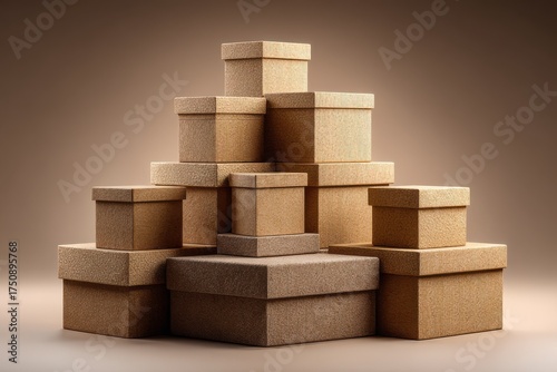 Pyramid of brown cardboard boxes stacked on a brown surface against a simple brown background in a studio setting at daytime