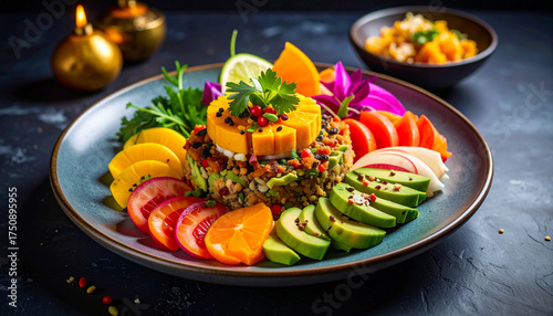 Vibrant Quinoa Salad with Fresh Avocado and Citrus, Garnished with Herbs and Spices, Artfully Arranged on a Plate