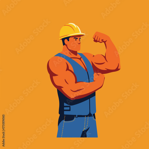 Builder flexing biceps in helmet and overalls on orange background