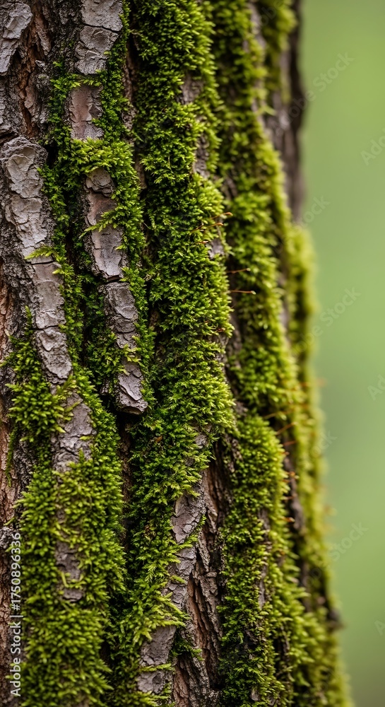 Obraz premium Mossy Tree Bark - A Close-Up of Natures Green Tapestry.