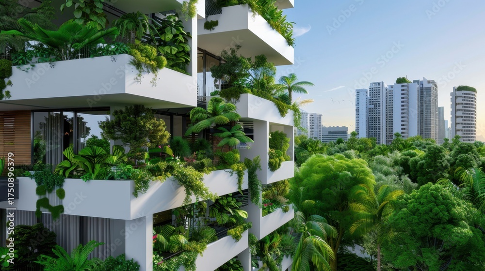 Fototapeta premium Modern architecture with lush greenery showcasing sustainable living in an urban environment with city skyline and nature