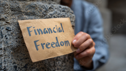 A hand holds a cardboard sign with 