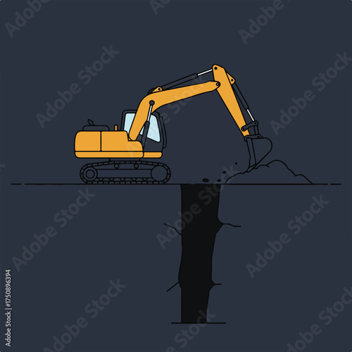 Yellow excavator digging a hole, earth piled nearby, set against dark background