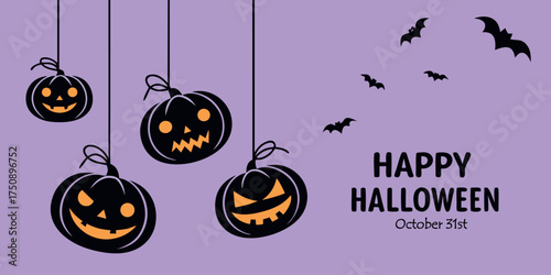 Celebrate a Spooky Halloween with Hanging Jack-o'-Lanterns and Bats, a Fun Design for October 31st Greetings and Holiday Decorations, originally vector