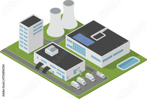 Isometric 3D illustration of Innovatech building with solar panels and trucks, modern sustainable technology hub, clean energy industry