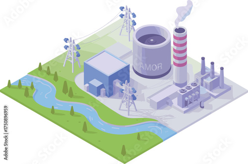 Isometric 3D illustration of Innovatech building with solar panels and trucks, modern sustainable technology hub, clean energy industry