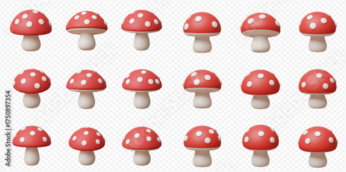A collection of 3D rendered fly agaric mushrooms with red caps and white spots.
