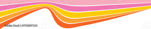 Rainbow lines header for retro banner. Groovy abstract 70s curved border for poster. Swirl playful orange and pink stripe. Dynamic divider and separator shape