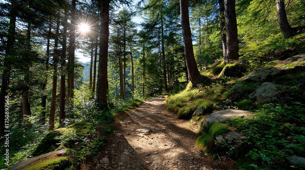 Obraz premium A winding dirt path leads through the vibrant green summer forest