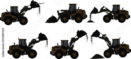 “Heavy construction front loader vector illustration showing scooping, lifting, and dumping soil stages for industrial machinery, engineering, and training purposes”