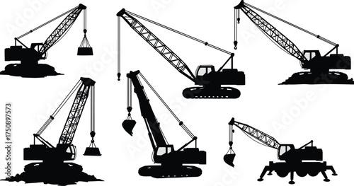 "Construction crane silhouettes vector illustration showing different heavy machinery types with booms hooks buckets for building engineering industrial projects"