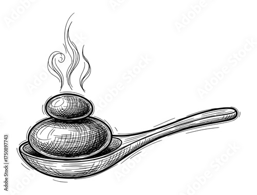 Hand-Drawn Stacked Hot Stones on Spoon in Vintage Engraving Style. Vector Illustration for Wellness and Relaxation.