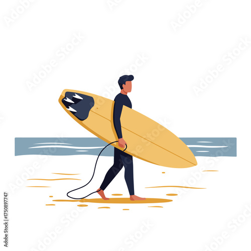 Wetsuit-clad person walks on beach carrying yellow surfboard near blue water