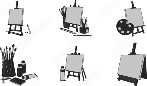 Art supplies silhouette, easel with canvas, paintbrush and palette, paint tube, paint bottles, creative tools, black outline, artist workspace illustration