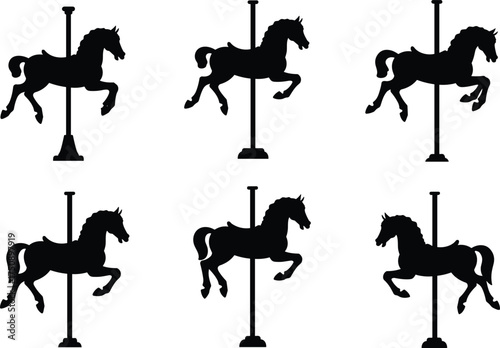 Carousel horse silhouettes, amusement park ride, vintage fairground icon, black vector graphic, childhood fun, pole-mounted design, playful motion, entertainment symbol, retro style, excitement