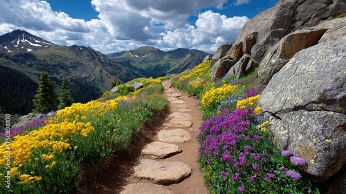 A green hiking path winds through a peaceful mountain landscape with a blue sky, fluffy clouds, and distant forests