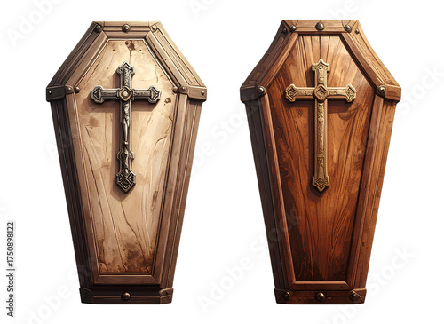 Firefly_Two coffin with cross variations isolated on transparent background