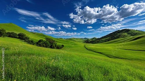Beautiful summer landscape: green field, blue sky, and rolling hills with white clouds