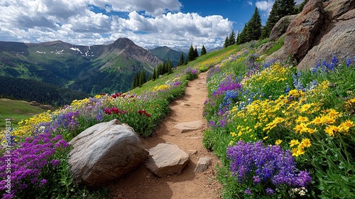 Green mountain landscape with hiking trail and forest view in summer