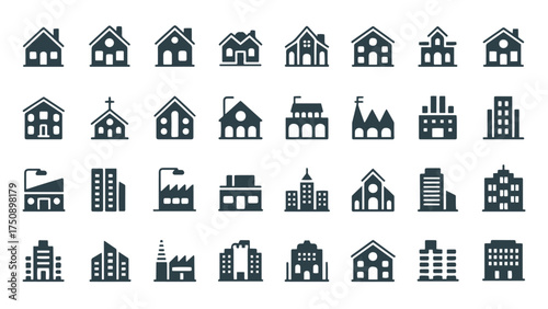 Big Set of Building and House Icons in Flat Line Style with Home Signs for Real Estate and Urban Design