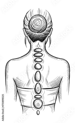 Hand-Drawn Sketch of Woman's Back with Chakra Stones in Cross-Hatched Style. Vector Illustration for Wellness and Mindfulness.