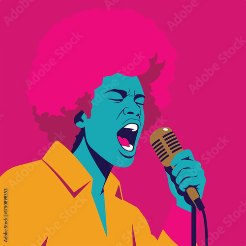 Singing figure with afro, gripping mic, open mouth, geometric, flat colors