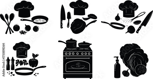 Kitchen silhouette, chef hat, frying pan, cooking utensils, vegetables, stove with pots, culinary tools, food preparation, black outline, illustration