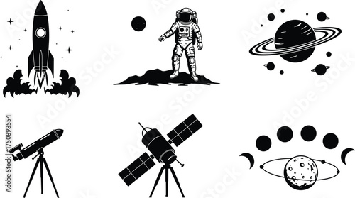 Space exploration silhouette, rocket launch, astronaut standing, planet with rings, telescope observation, satellite communication, planetary system, astronomy science, cosmic illustration, universe