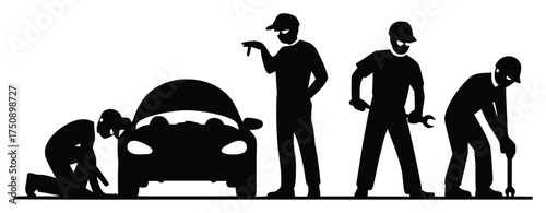 Mechanic's Process: A graphic depiction illustrates the step-by-step process of automobile maintenance, from initial inspection to the resolution of mechanical issues.