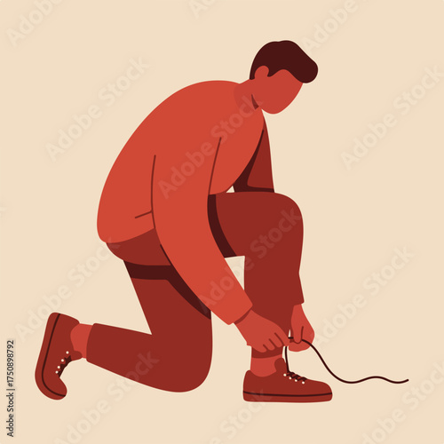 Person in red tying shoelaces in a minimalist, flat-color illustration