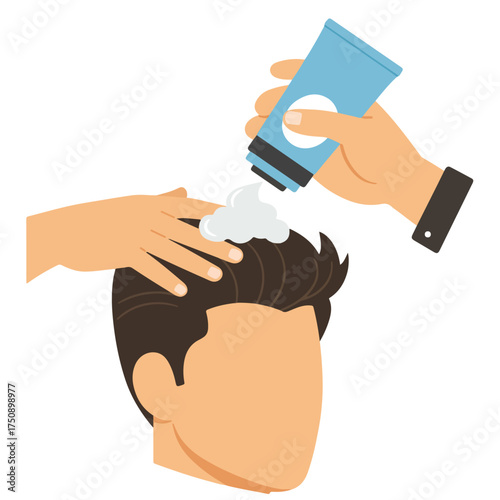 Hair product applied to man's hair, hand rubbing in