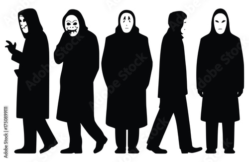 Figures of Mystery in Silhouette: A stark collection of figures, cloaked and masked, cast a shadow of enigma against a stark background, each pose revealing a layer of hidden identity and emotion.