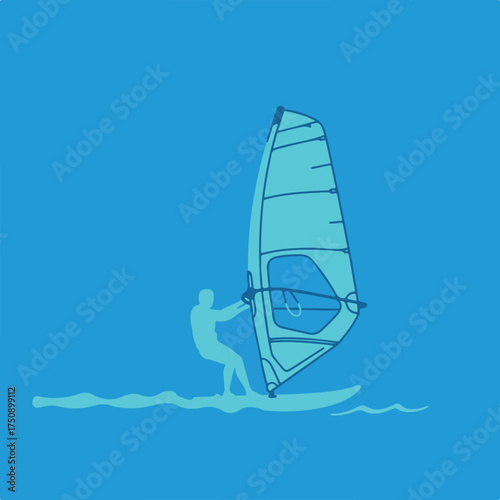 Blue background with person windsurfing, drawn simply with an outline