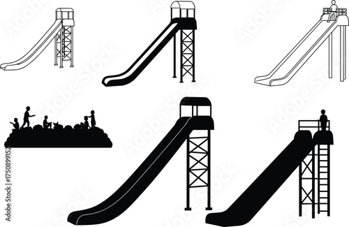 Playground slide silhouettes, children playing, park equipment, outdoor fun, ladder structure, vector icons, black graphic, childhood activity, recreation design, minimalist style, excitement, motion