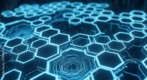 Stunning futuristic digital hexagon network with bright blue glowing lights, perfect for tech and data visualization designs