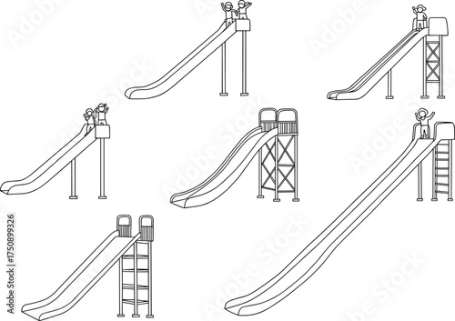 Playground slide silhouettes, children playing, outdoor fun, park equipment, vector icons, black graphic, childhood activity, ladder structure, excitement, minimalist design, amusement, recreation