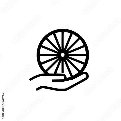 Automotive concept of a palm holding a vehicle rim icon representing car maintenance help