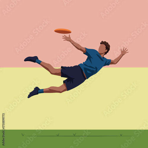 Flying man reaches for disc on a pastel background