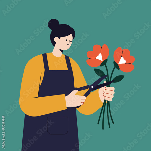 Woman cuts stems of red flowers with scissors, wearing apron on teal backdrop