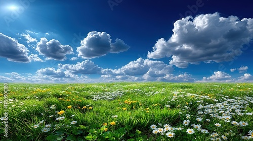 Beautiful summer landscape with a field of white daisies and green grass under a blue sky with white clouds