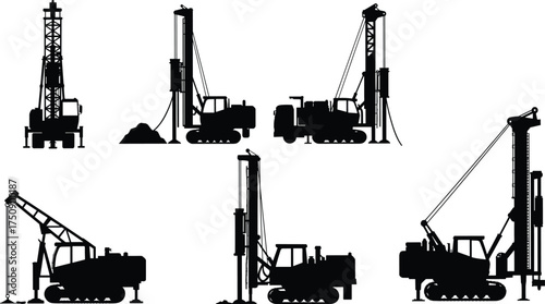 "Pile driver and drilling rig vector silhouettes set of heavy construction machinery equipment for foundation engineering, industrial building site design"