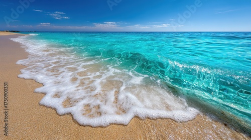 Beautiful blue ocean water meets the warm tropical sand on a relaxing summer vacation coast