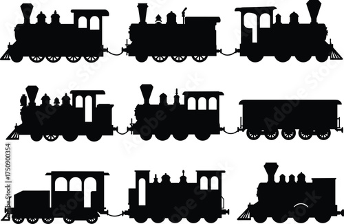 Vintage steam locomotive silhouettes, historical train icons, black railway engines, antique transportation art, retro rail vehicle shapes, classic industrial transport, 