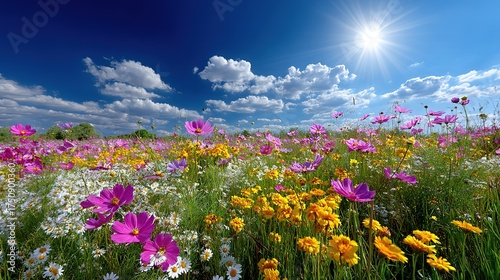 Bright, colorful spring flowers bloom in a beautiful meadow under a clear blue sky, creating a vibrant floral landscape