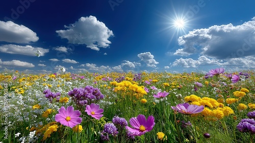 A beautiful summer field of yellow and pink tulips blooms under a blue sky, full of colorful flora and natural beauty