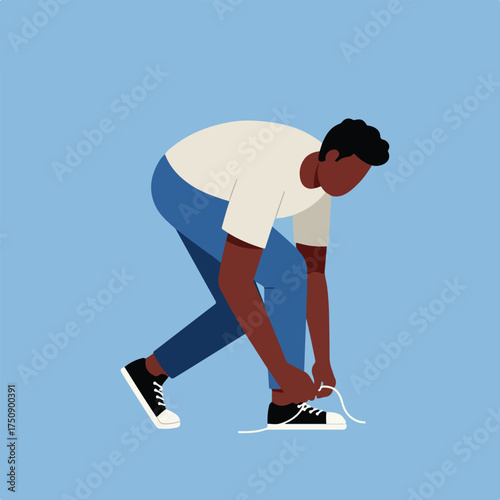Figure tying shoelaces on a light blue background