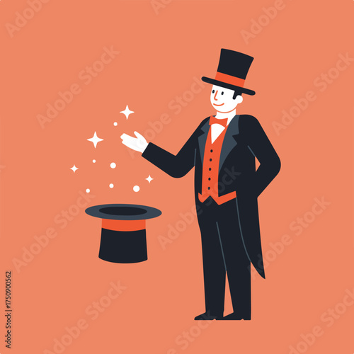 Magician in tails conjures stars above a tophat on a peach background