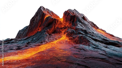 Mountain sunset panorama of a fiery volcanic landscape with glowing lava flow and snowy peaks under a dramatic sky