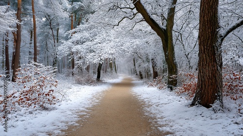 A frozen white road winds through a snowy forest landscape under a cold blue sky