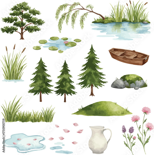 Watercolor forest elements lake boat trees